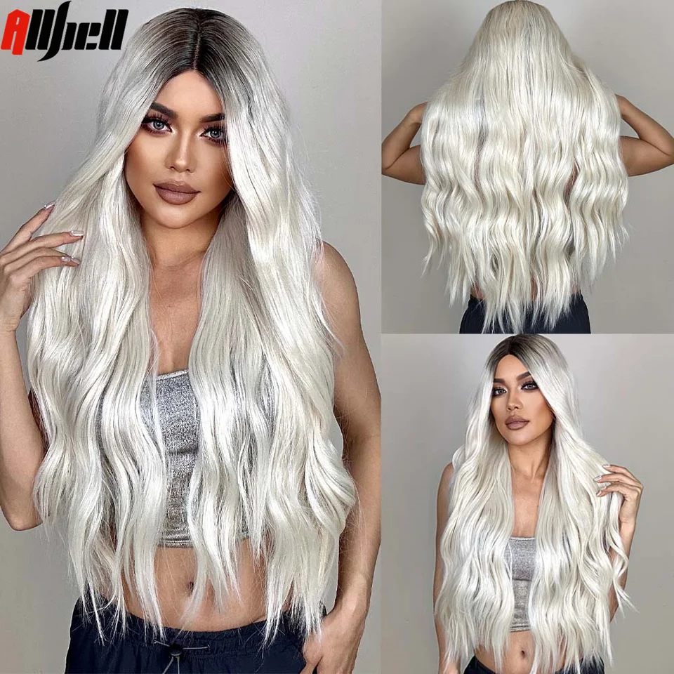 Dlhé zvlnené čipky predné syntetické parochne Ombre Platinum Blonde Priehľadná čipka Parochňa s tmavým koreňom pre ženy denné večierky Cosplay Hair