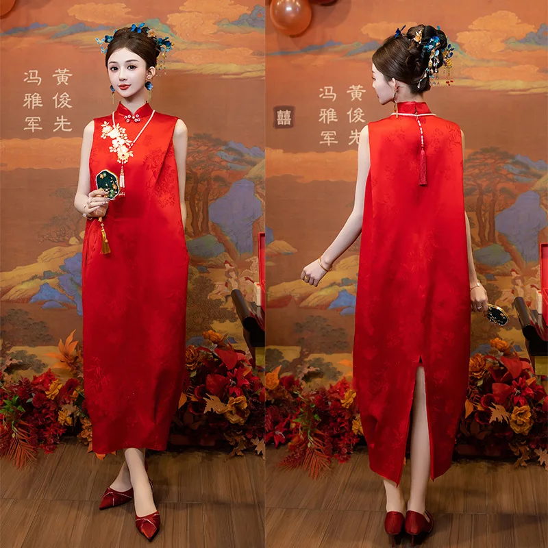 Dlhý cheongsam pre nevestu, červený toastový odev, bez rukávov qipao, vintage novinky pre ženy