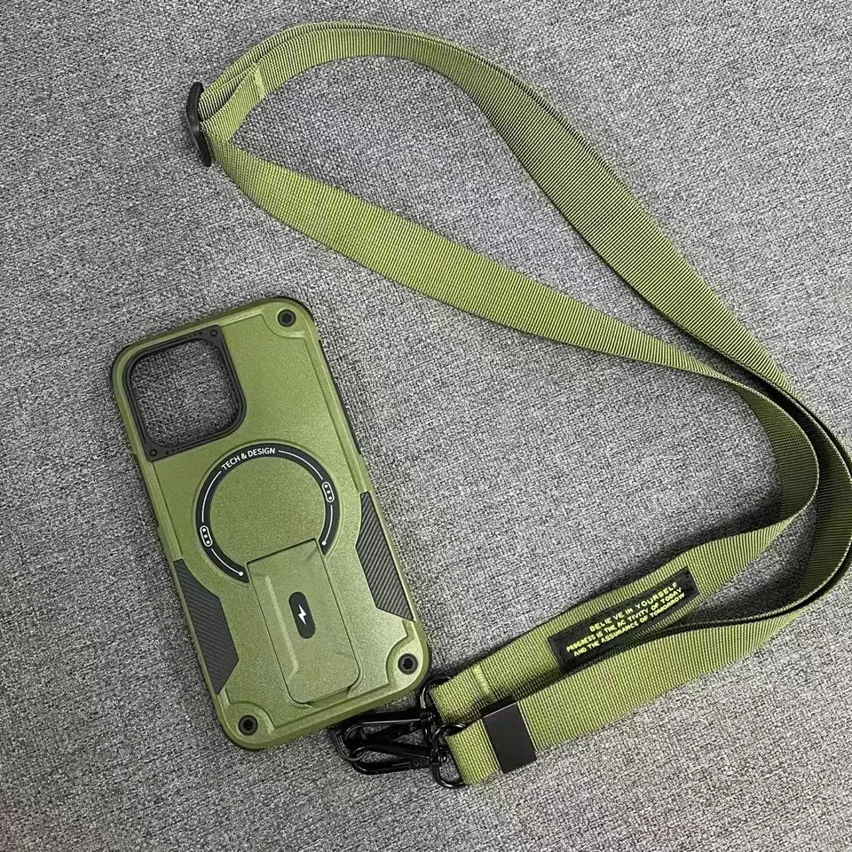 Dlhý popruh Crossbody Magnetic Bracket Magsafe puzdro pre iPhone 15 Pro Max 13 Pro 14 Plus Shockproof Outdoor Sports Defender Cover