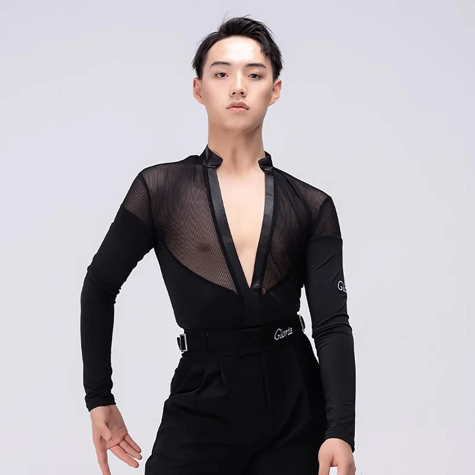 Dlhý rukáv V krk Patchward topy Muž latinské tanečné šaty pre mužov predstavenie Cha Samba Rumba Clothing NY02 CR523