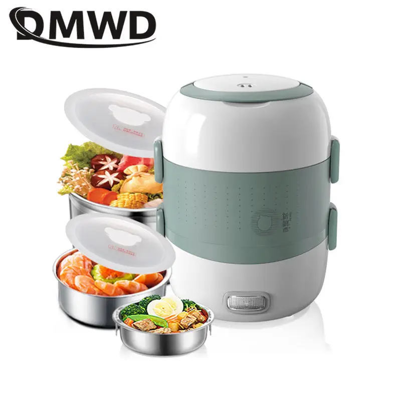 DMWD Mini ryžový sporák 2 dvojité vrstvy Multifunkčné kúrenie varenie elektrický obedový box používaný v dome 220v raňajky parník EU