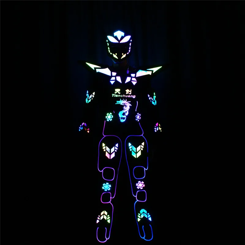 DMX512 TRON LED LIGHT COSTUME Programovateľné kompletné rolor robotické obleky Men DJ Wears RGB farebné brnenie outfit Svetlo maska ​​Žiariaca DJ