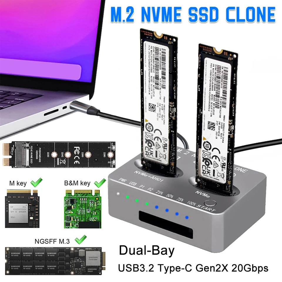 Docking Station Dual-Bay NVME M.2 NVME SSD Clone USB3.2 Typ C Externý pevný disk box Gen2x 20 Gbps M.2 SSD Kryty pre M2 SSD