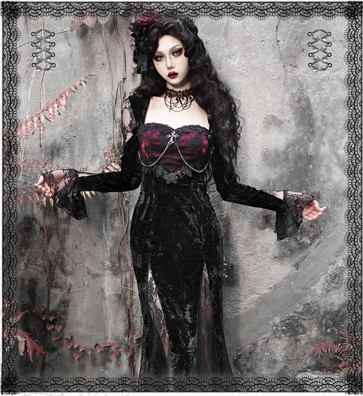 Dodávka krvi Originálne gotické čierne zamatové šaty čipky s plným rukávom štvorcový obojok sieťovina červená Halloween Slim Velvet trúbky šaty