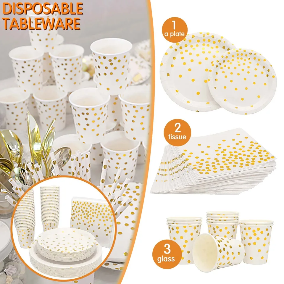 Dodávky večierkov nastavené jednorazové zlaté bodové papierové jedlo jedlo jedlo na obrúsky papier Party Party Party Paper Plates šálky obrúsky