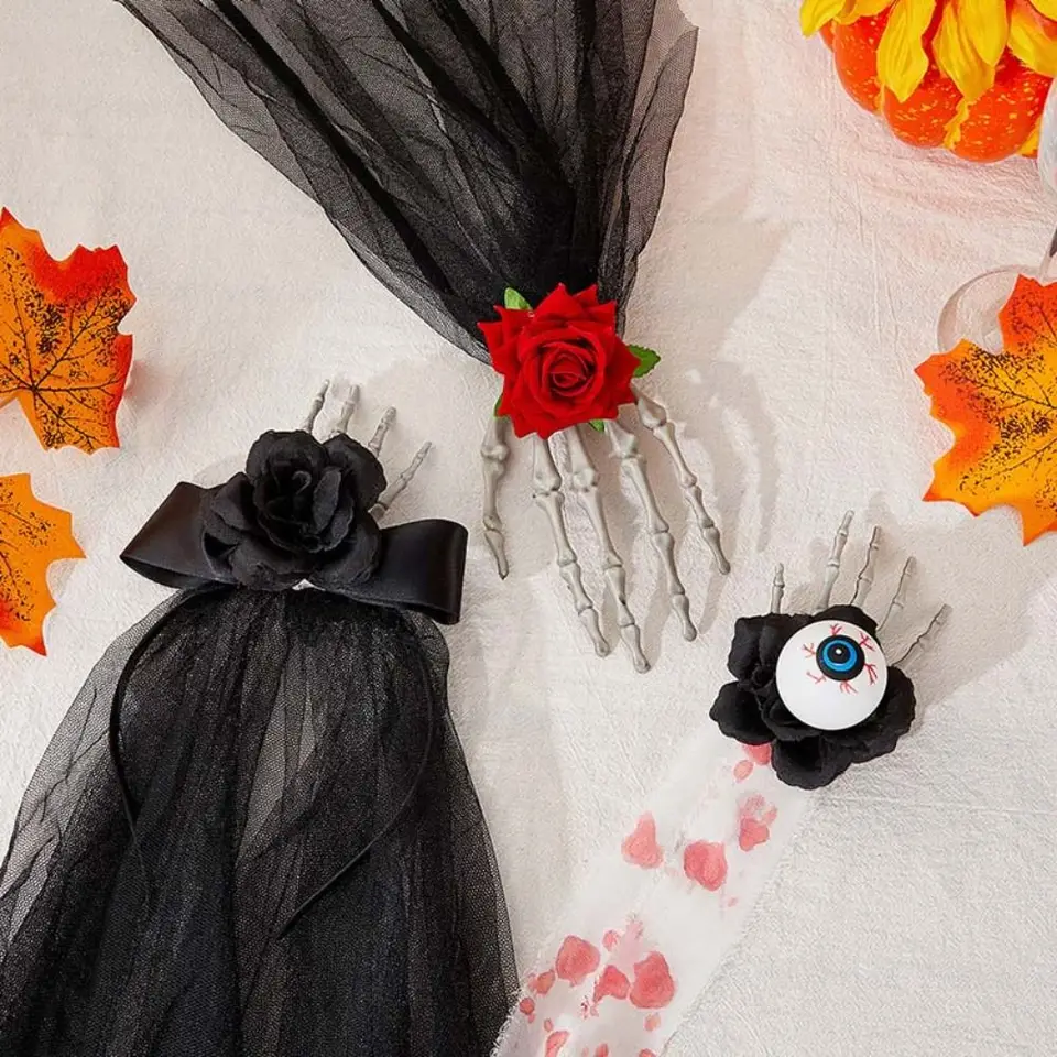 Dodávky večierkov Punk štýl ruky kosti vlasov simulácia simulácia s dlhou sieťou Halloween Head pracka s ružovými barrettes kostýmovými ples