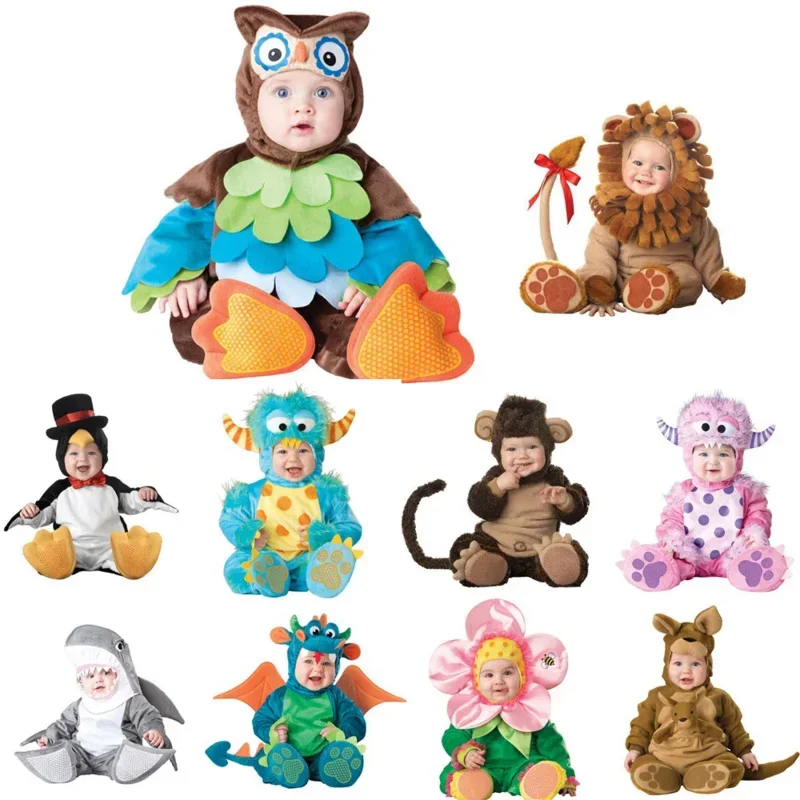 Dojčatá dojčatá Cosdea Baby Halloween Cosplay kostýmy roztomilý karikatúra opičí dinosaurus Kangaroo Penguin Vianoce purim Rompers Jum