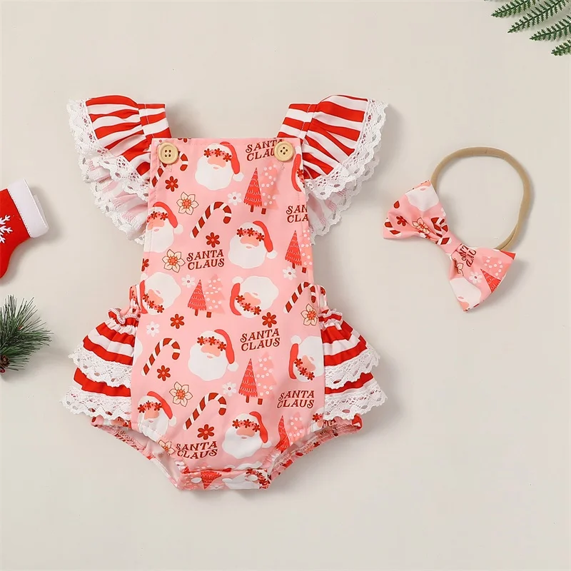 Dojčenské dievčatko vianočné kombinézy sada karikatúry Candy Cande Print Flying Ruckve Romper + Bow Headband