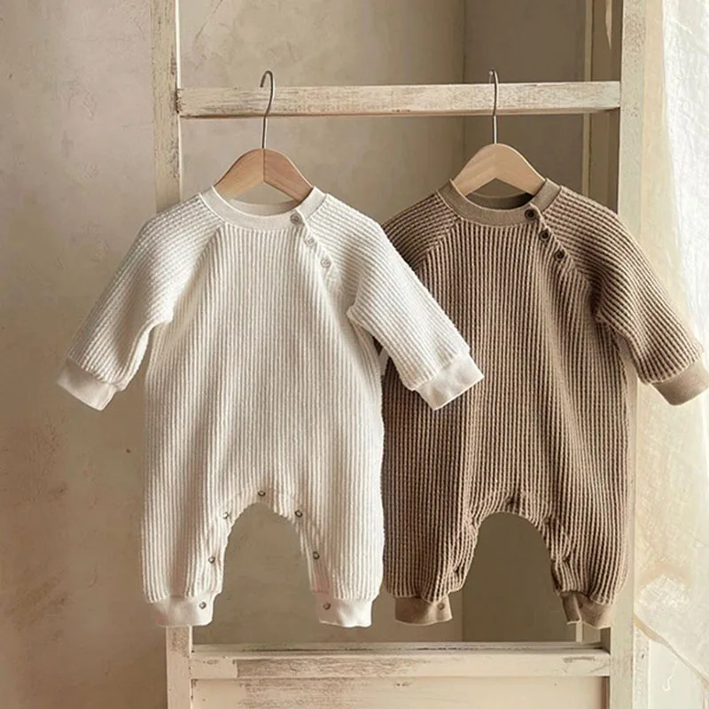 Dojčenské dievčatká chlapci Chlapci kombinézy s jedným kusom outfit waffle bavlna s dlhým rukávom batoľa batoľa dieťa jarné jesenné detské oblečenie