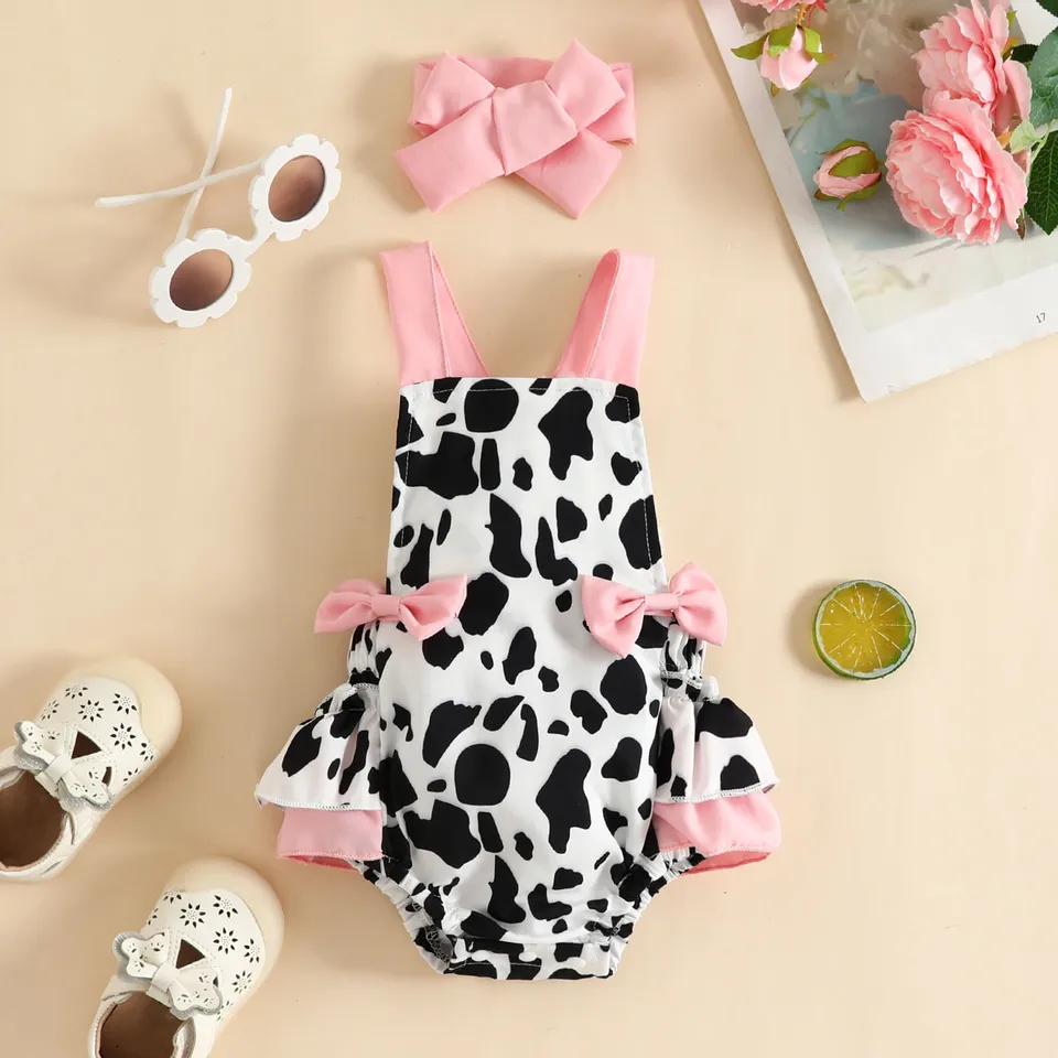 Dojčenské dievčatá bez rukávov Strawberry Cow Printed Romper novorodenecké voláre bez backlesuits čelenky 0-18 mesiacov letné oblečenie