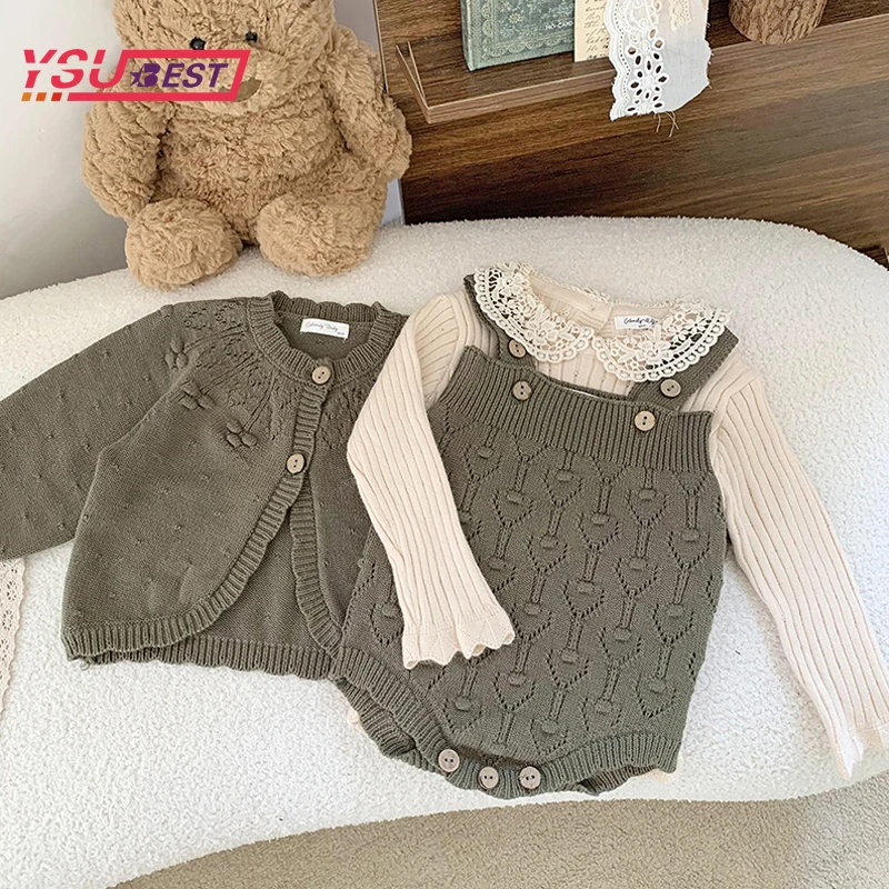 Dojčenské oblečenie jesenné detské sveter set dojčenské dievčatá pletené srdcia srsťový kabát a podväzok BodySuit detské oblečenie 2ks