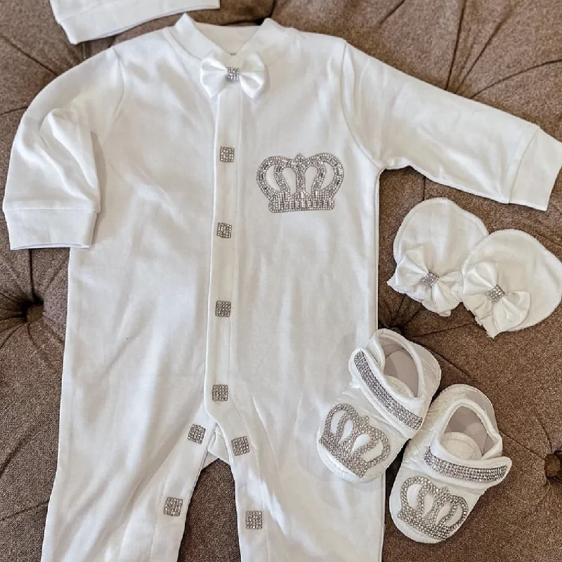 Dollblblbling Baptism Outfit Boy Prince Luxury Bling Christing Coming Home Romper Bonnet Set Mittens Nursery Hospital Set