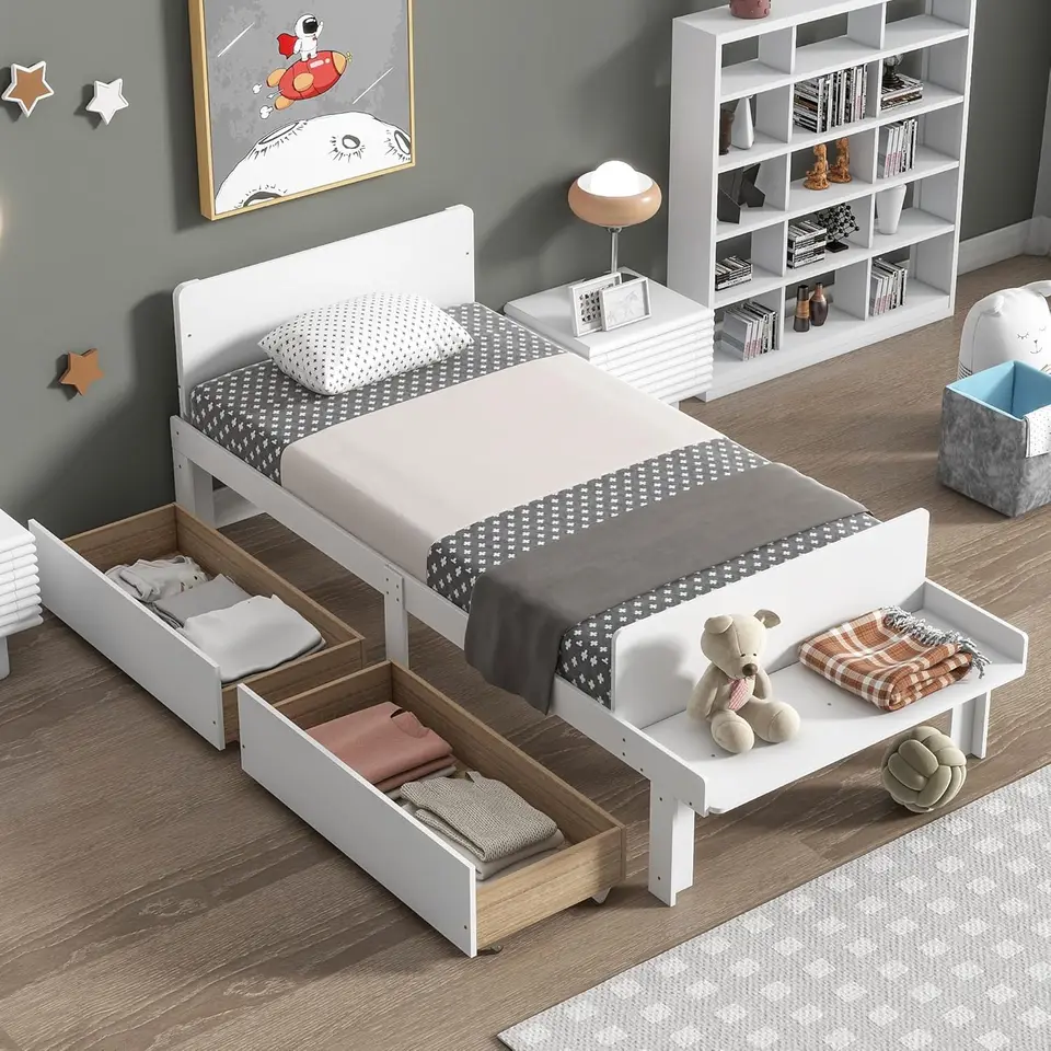 DOLONM TWIN BED RAMES pre deti s 2 zásuvkami, posteľ úložnej plošiny s lavicou na plošinu, dvojčatá detská posteľová čelo rámu borovica