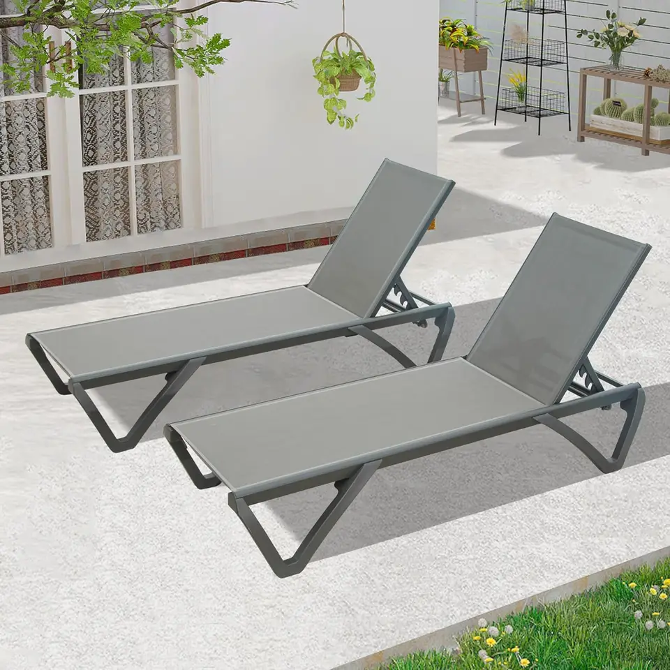 Domi Outdoor Chaise Lounge sada 2 bazénových kresiel, hliníkové praky salóniky pre vonkajšiu stranu (2 sivé salóniky s stolom)