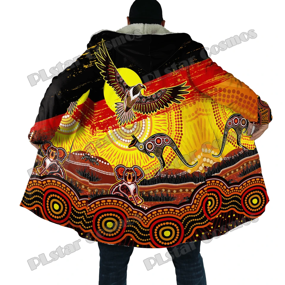 Domorodá domorodá vlajka Sun Eagle Kangaroo koala 3D tlačená pánska kapucňa plášť unisex zimný fleece teplý plášťový kabát pzy06