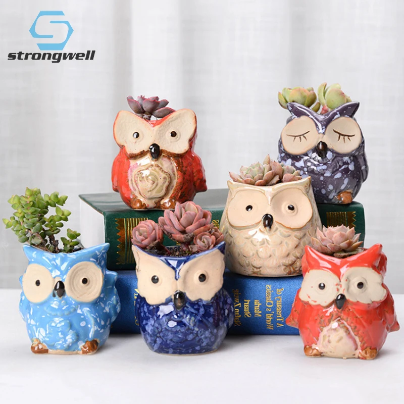 Domáca kancelária Decor Hand Ceramic kvetiny maľované remeslá zelené rastliny Miniatúrne sovy figúrky sukulentné kvetináče
