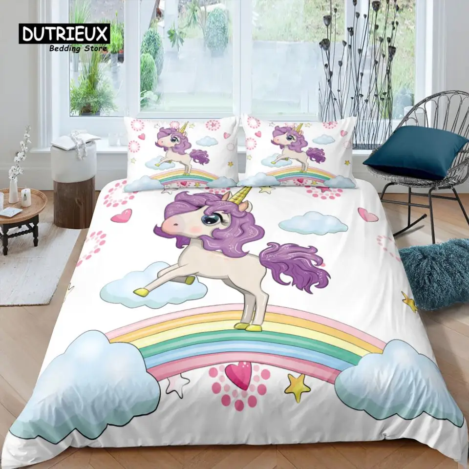 Domáce bývanie luxusné 3D dúhové jednorožec posteľná súprava Star Ocy Cover Cover Pillowcase Queen a King Eu/US/Au/UK Veľkosť utekárov posteľná bielizeň