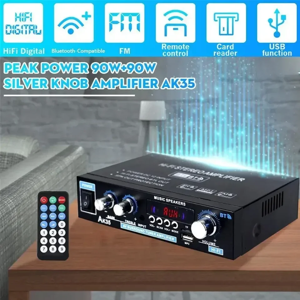 Domáci zosilňovač CH 2.0 Bluetooth Bass Amp AMP AK35 HIFI Digitálne zvukové zosilňovače FM USB Remote 100-240V 12V