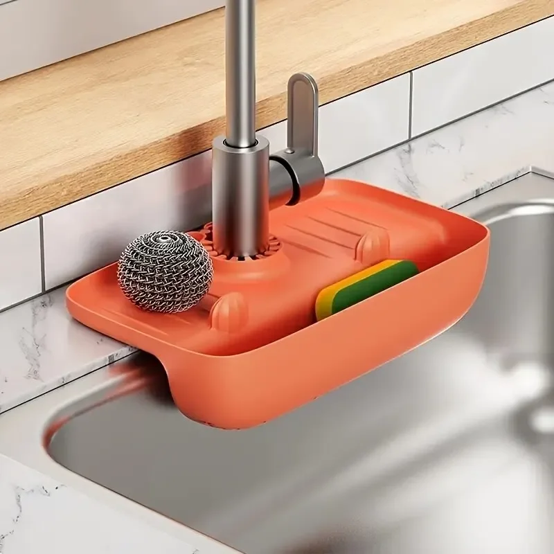 Domácnosť Silikónový umývadlo Odtokový stojan Faucet Splash Proof Drain Rack Water Collecting Podložka špongia handra oceľová vlnená gadget skladovacia skrinka