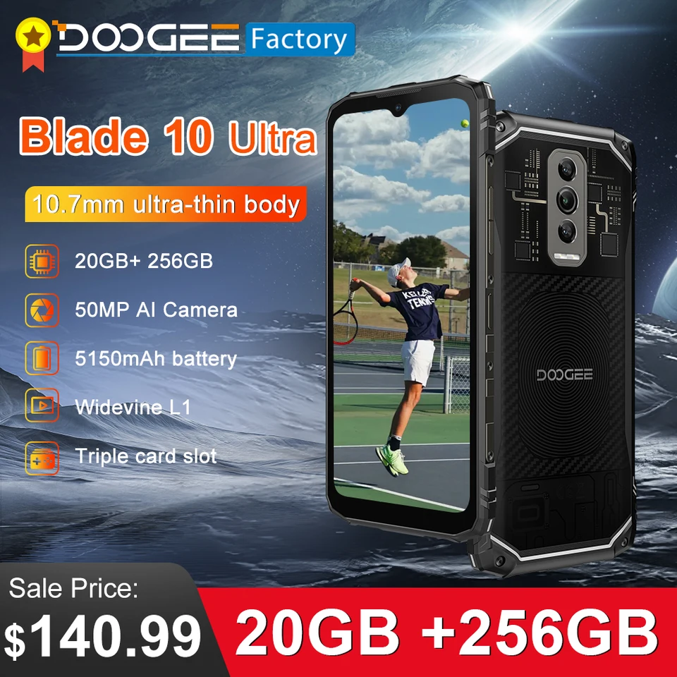 Doogee Blade 10 Ultra Smartphone 20 GB (8+12) 256 GB 50MP 10,7 mm tenký 6,56 '' zobrazenie robustného mobilného mobilného telefónu NFC Android 14 mobilný telefón
