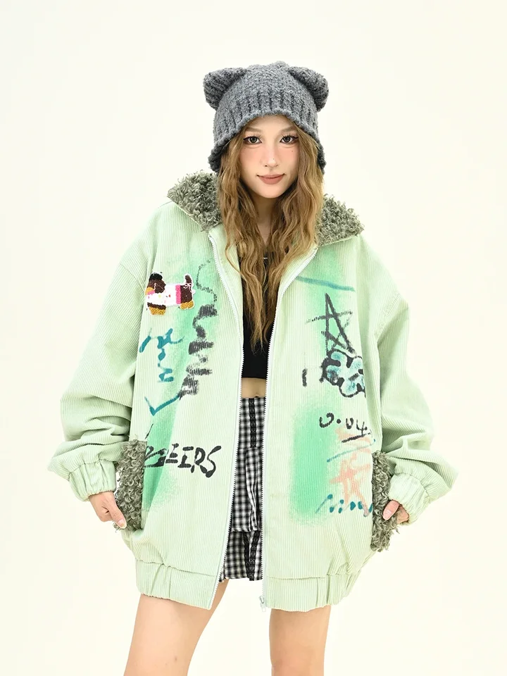 Dopamín Graffiti Cartoon Fur Collar Parkas pre ženy, American Street Coat, Loose BF, Winter, New, 2024