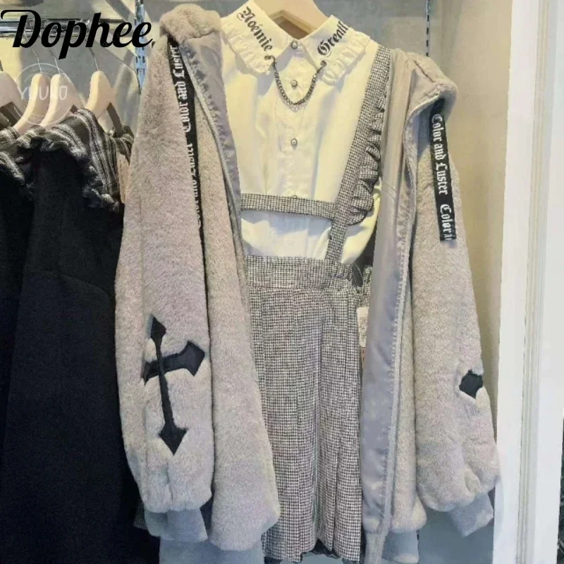 Dophee Bear Ears Hooded Zips Cardigans Coat Harajuku Autumn Winter Hoodie Japonská subkultúra kríž v polovici voľného plyšového plášťa