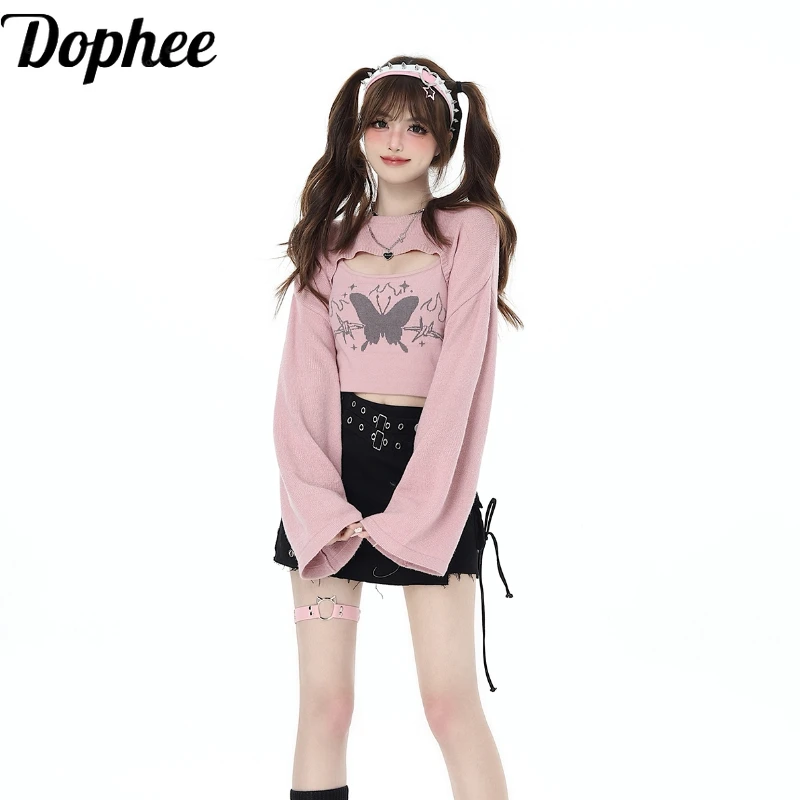 Dophee Original 2024 Nové jesenné ženy Dvojdielne set Set Spice Girls Dievčatá s dlhým rukávom Krátke pletené smocie + vysoké pásové plodiny Top