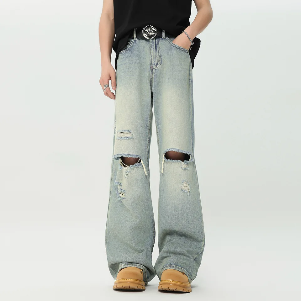 Doprava zdarma 2024 Unisex Vintage Washed Hole Rovná noha džínsy stredný pás High Street Casual Long Long