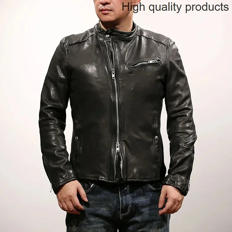 Doprava zdarma.Luxury Brand.Men Slim Fit Pohodlná opálená ovčie kože bunda. Populárna Kórea Originálny kožený kabát.Vintage.