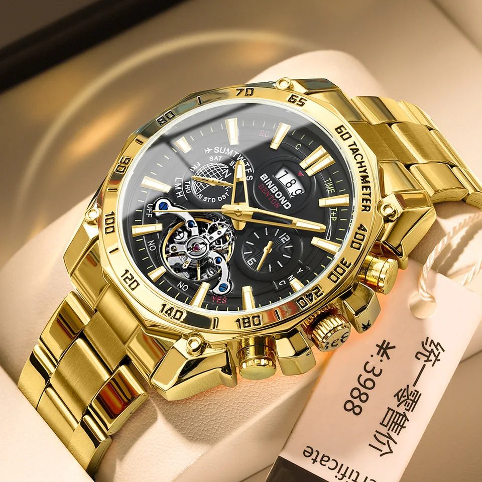 Doprava Zlato Gold Quartz Pánske hodinky módne športové náramkové hodinky Dátum žiarivých hodiniek Tourbillon dekorácie študentov