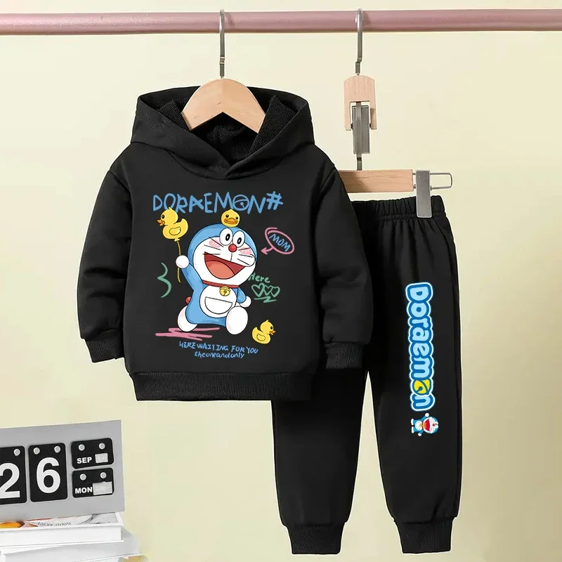 Doraemon karikatúra tlačené detské oblečenie Kids plus zamatová mikina oblek neformálne sveter nohavice 2-dielne oblek pre chlapcov a dievčatá