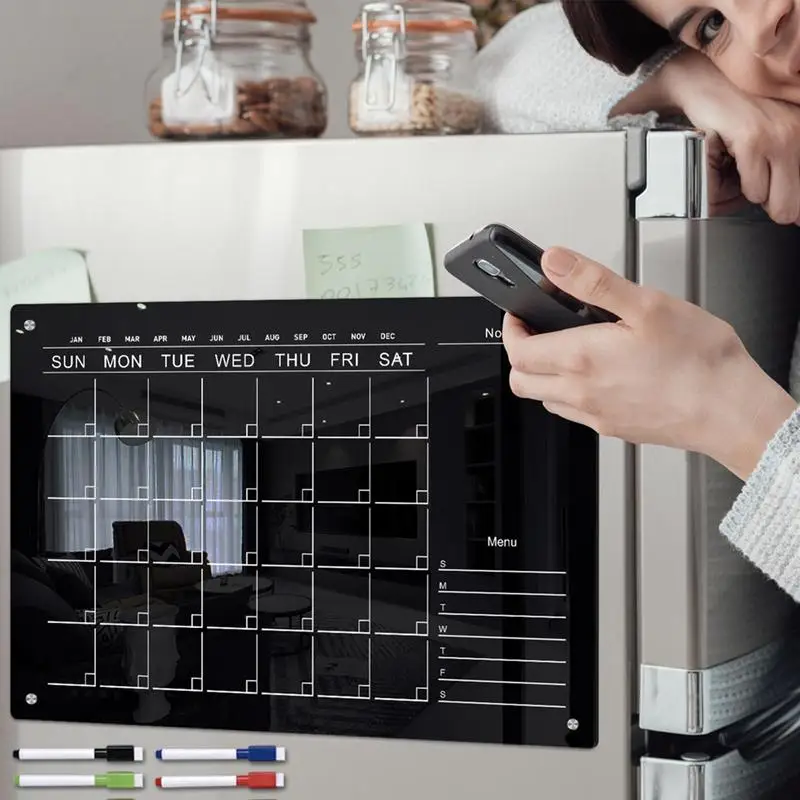 Doska suchého vymaženia akrylová chladnička Magnet Board Memoment Note Board so 6 farebnými značkami týždenný plánovač pre domácu školu triedu spoločnosti