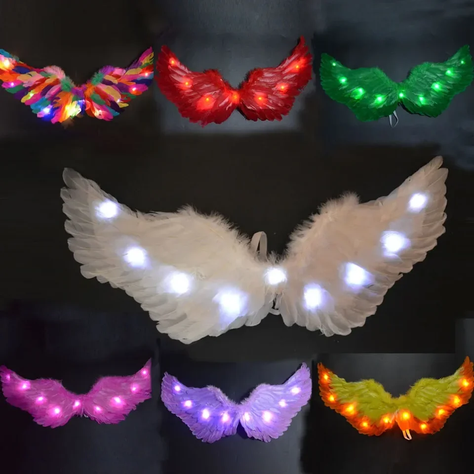 Dospelé deti viedli žiaru Light Up Angel Feather Wing Fairy Wings Ress Halo Party kostým svadobný festival