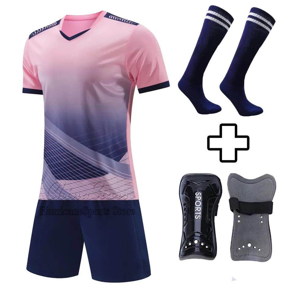 Dospelé futbalové dresy šortky + ponožky + 1Pair Shin Guards Pads 2023 Detské futbalové odevy Futbalové mužov