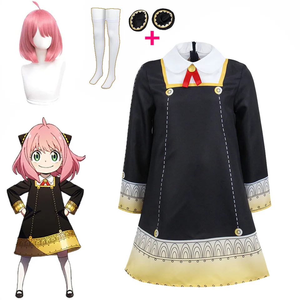 Dospelí Anya falšovanie Cosplay kostým anime špionáž x rodina čierne šaty roztomilé dievčatá šaty ružové parochňu karnevalová rola outfit