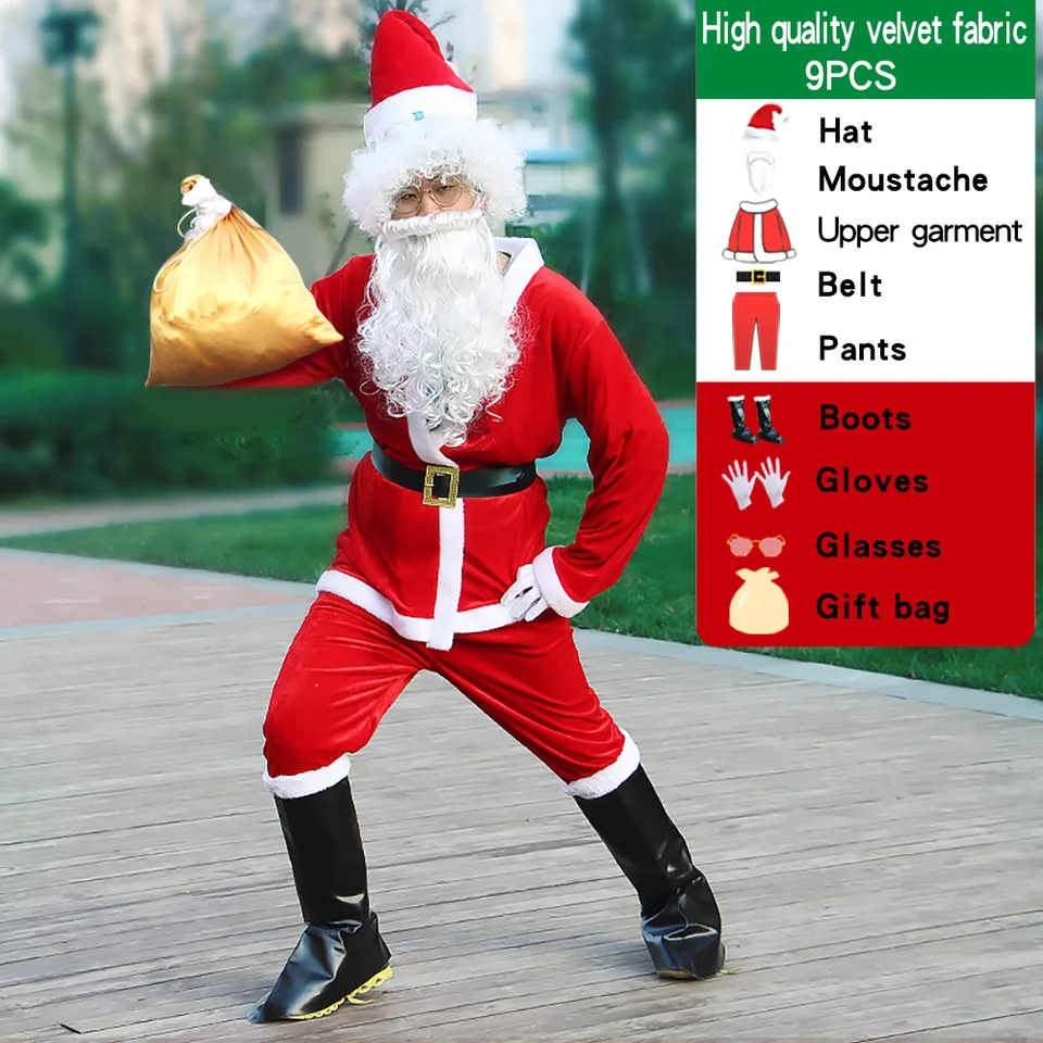 Dospelý cosplay Santa Claus kostým zlatý zamat Plná súprava kostýmov vianočné kostýmy Maskéráde sa obliekajú