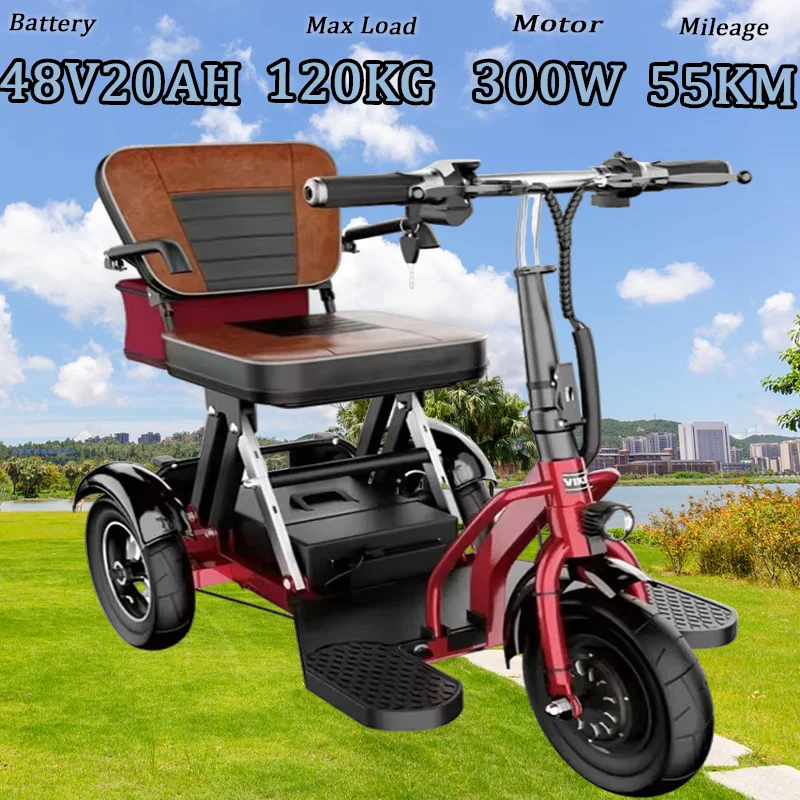 Dospelý starší elektrický trojkoles 300 W 48 V 20AH batériu skladacie celé terény 3-koliesový elektrický bicykel prenosný odnímateľný trojkol