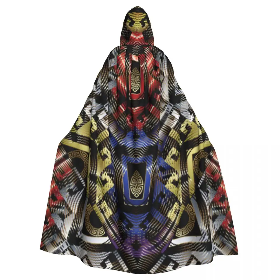 Dospelý upírsky plášť Cape s kapucňou geometrický rhombus grécky kľúče Halloween Cloak plne dĺžka cosplay