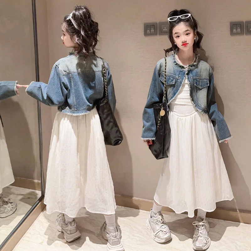 Dospievajúce dievčatá šaty Set Spring Fall Módna džínsová bunda+dlhé šaty 2pcs detské oblečenie obleky súbor fille outfits