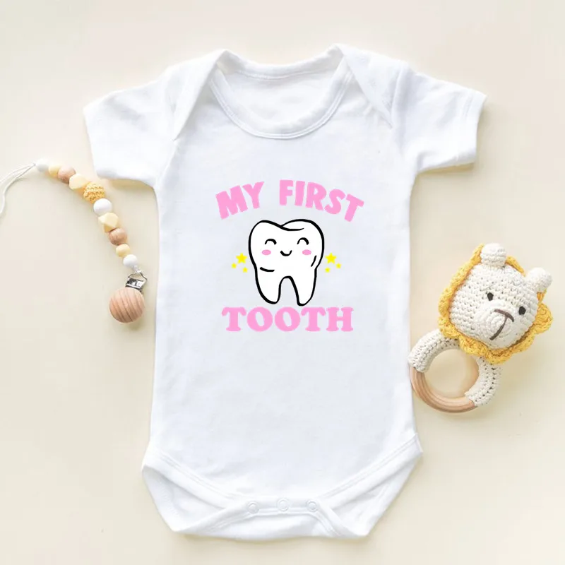 Dostal som svoju prvú zubnú tlač s krátkym rukávom, dieťa Romper Dojčiatko novorodenca BodySuits Cotton Boys Dievčatá kombinézy oblečenie