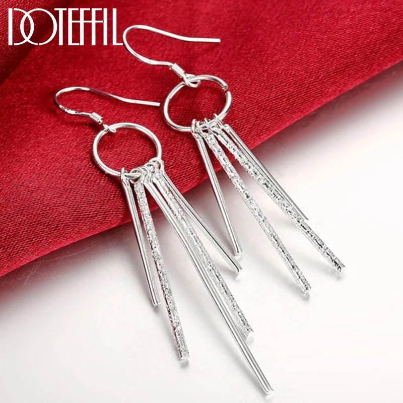 Doteffil 925 Sterling Silver Round Päť stĺpov matné hladké kvapky náušnice pre módnu ženu kúzlo svadobné šperky