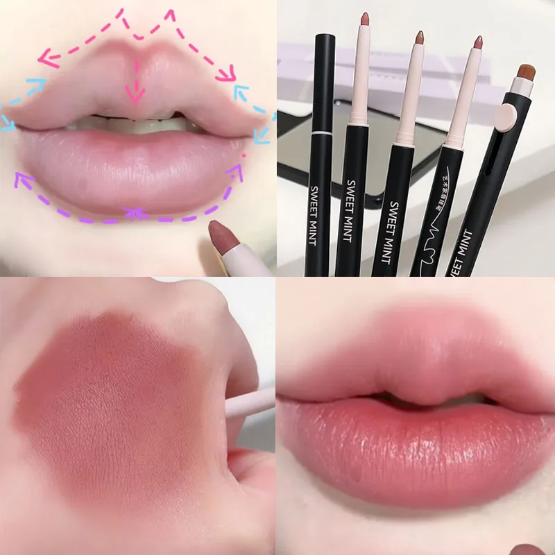 Double Head Lipliner ceruzka s kefou vodotesná rúžová kozmetika kozmetika Dlhodobá nahá pery vložka 3D kontúrovanie kórejského make -upu