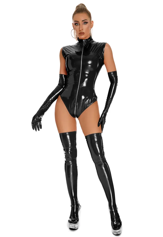 Double Zipper Open Crotch PU kožené kombinézy Ženy Sexy Bodycon BodySuit Slim Lessy Latex BodySuits Rompers Body Lingerie Set