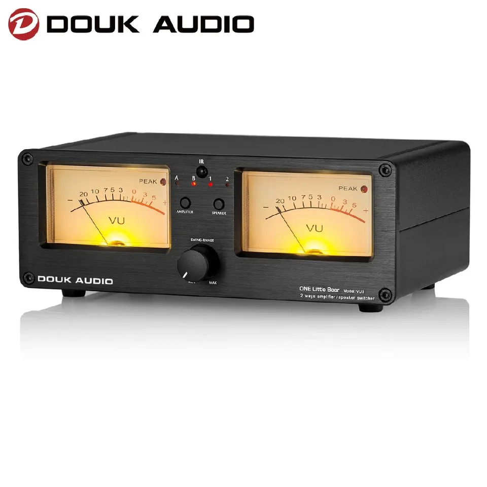 DOUK Audio Dvojcestný zosilňovač / prepínač reproduktora Dual Analog Vu Meter Hudobné spektrum zobrazenie zvukového voliča s diaľkovým ovládaním
