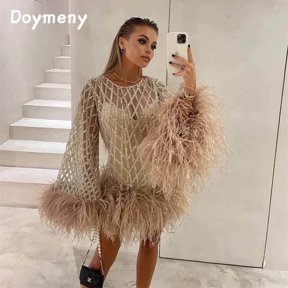 Doymeny perie dlhé rukávy Flitrovanie A-line krátke formálne šaty na párty šaty kokteilové šaty celebrity šaty Vestidos de fiesta