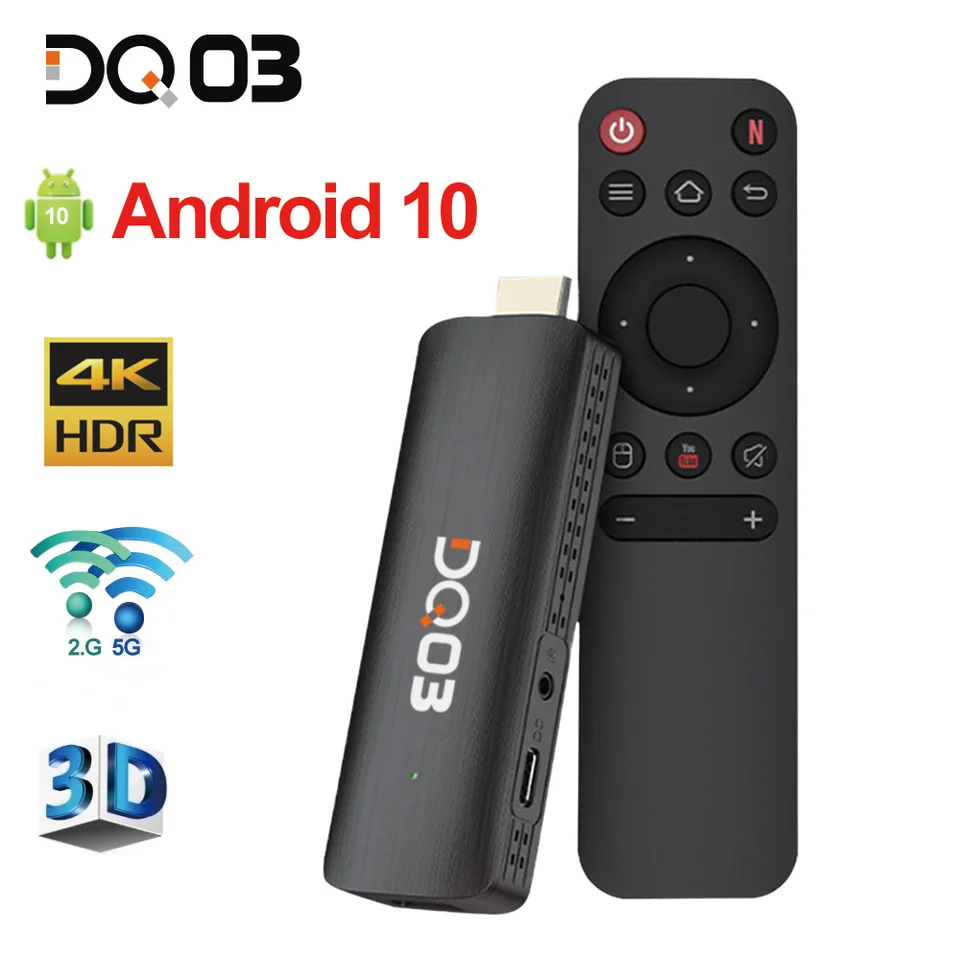 DQ03 Mini TV Stick Android 10 s Quad Core Cortex Cortex A53 CPU 2GB 16 GB Podpora 4K@60fps HDR10+ H.265 2,4G a 5,8G DUAL WIFI 1G 1G 8G