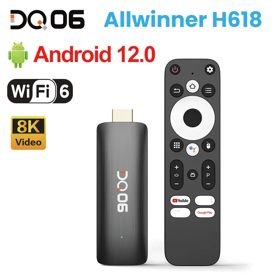 DQ06 ATV Mini TV Stick Android 12 TV box Allwinner H618 Quad Core Cortex A53 Podpora 8K VIDEO 4K@60FPS WIFI6 BT5.0 Voice Remote