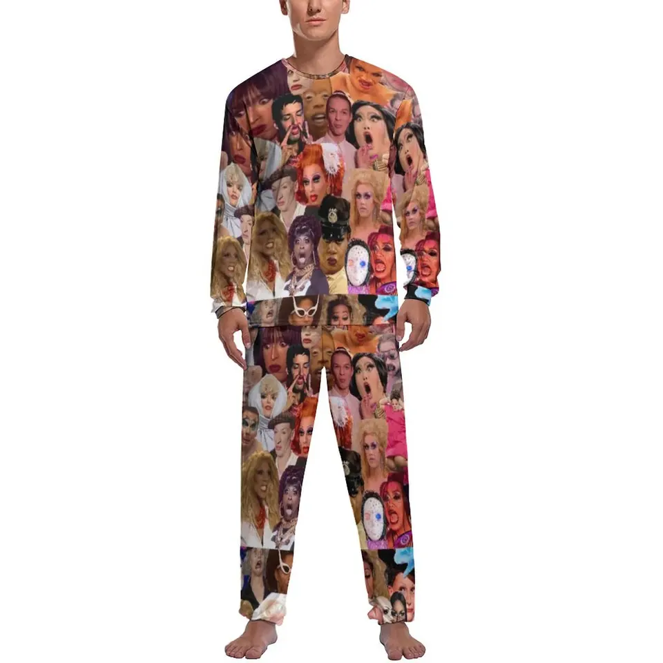 Drag Queen Pajamas Autumn Funny Memes Vytlačte domáce nočné oblečenie Muž Dvojdielny vytlačený sada Pyžamy s dlhým rukávom