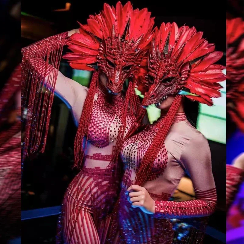 Dragon Festival outfit Nightclub DJ DS Gogo Dance Cosplay kostým prehnaný pódium kostým červené perie Masliak čínština