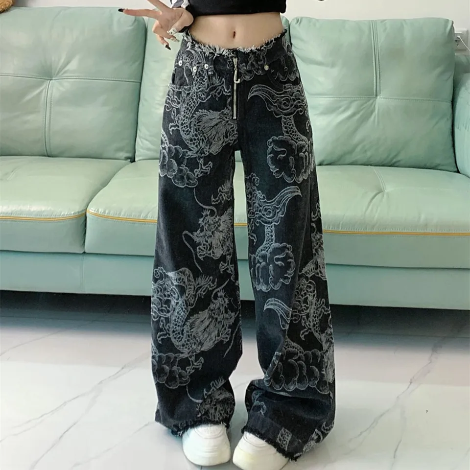 Dragon Pattern Design Design Vintage Y2K Jeans Ženy Jeseň a zimné prispôsobené graffiti priame nohavice na široké nohavice Streetwear